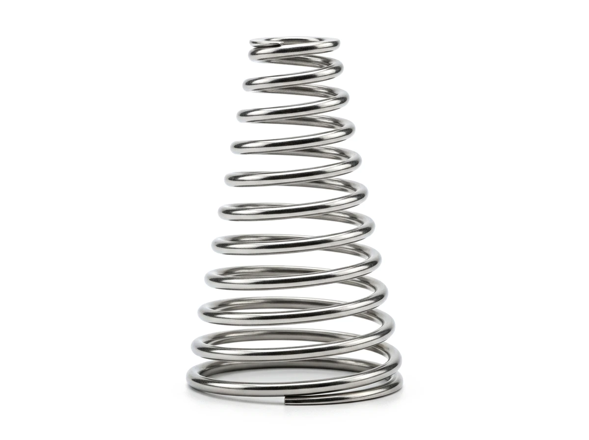 Conical & Telescopic Compression Springs - Tapered outer diameter allows coils to telescope within each other during compression, collapsing solid height down to approximately a single wire diameter for ultra-confined axial envelopes.